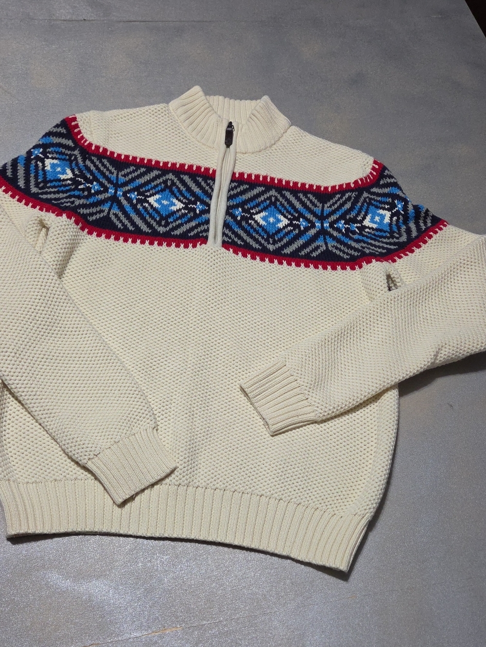 Izod Cream Half-Zip Sweater with Blue and Red Fair Isle Yoke